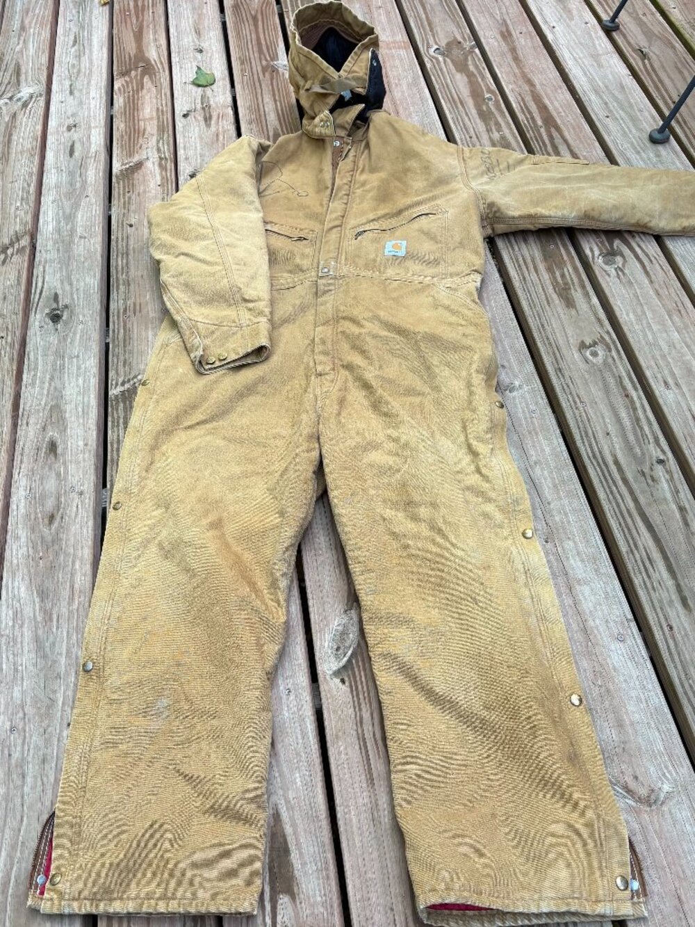 Distressed Carhartt X01 brown duck lined men's coveralls detachable hood sz 44 S